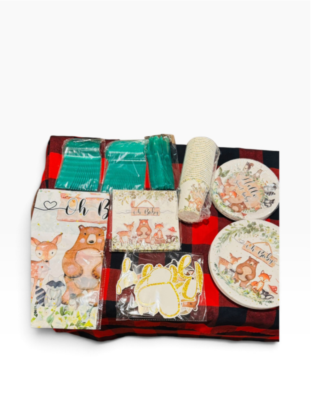 2 sets Unisex Woodland Animal Oh Baby Party Tableware One Size, Beige and Red